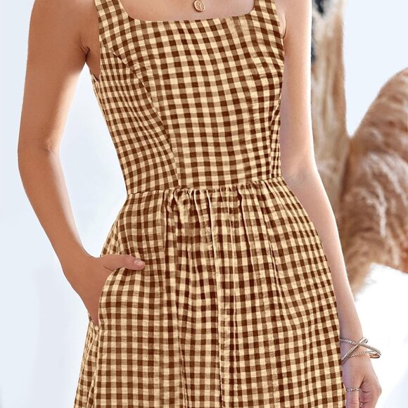 Elegant Women's 2025 Summer Spaghetti Strap Maxi Dress with Pockets - Coffee - Picture 5 of 8